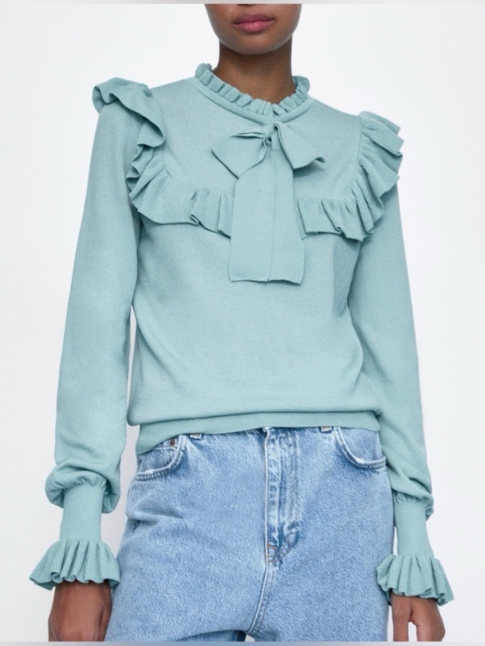 Zara Seafoam Green Twee Knit Ruffled Sweater. Size Small
